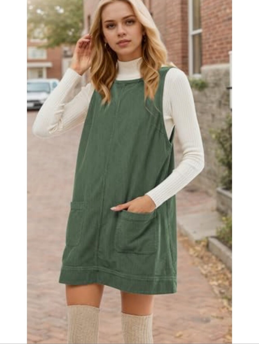 Sleeveless Corduroy Overall Pinafore Dress Olive Green Size XS